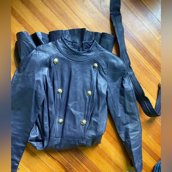 Vintage new 90s Mignon genuine leather blue purple belted long sleeve dress - Picture 3 of 9